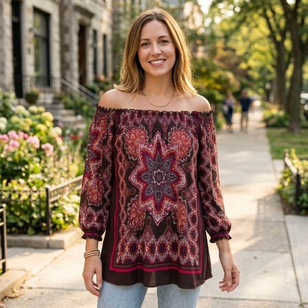 Madison Large 3/4 Sl Blouse Paisley Smocked Off Shoulder Tunic Top Boho Festival